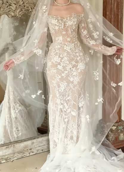 Charming Off-Shoulder Lace Wedding Dress Long Sleeve Mermaid Bridal Dress GG6257