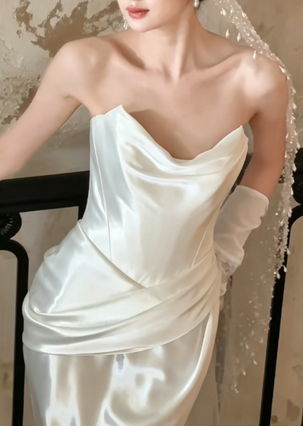 Minimalism Strapless White Wedding Dress Satin Sheath Bridal Dress GG6260