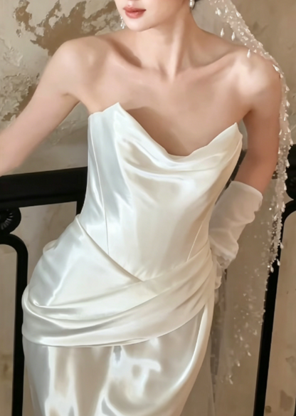Minimalism Strapless White Wedding Dress Satin Sheath Bridal Dress GG6260