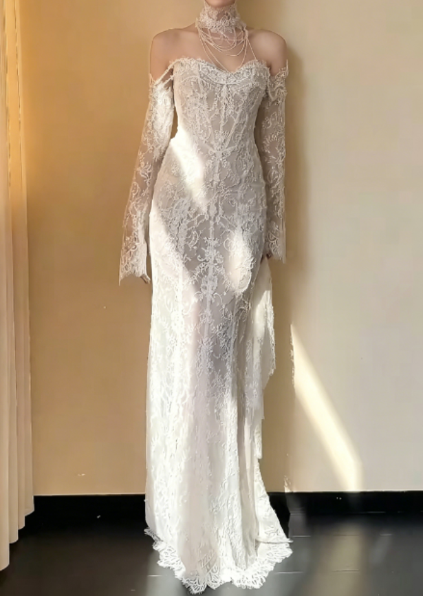 Gorgeous Off-Shoulder Beaded Wedding Dress Long Sleeve Lace Mermaid Bridal Dress GG6268