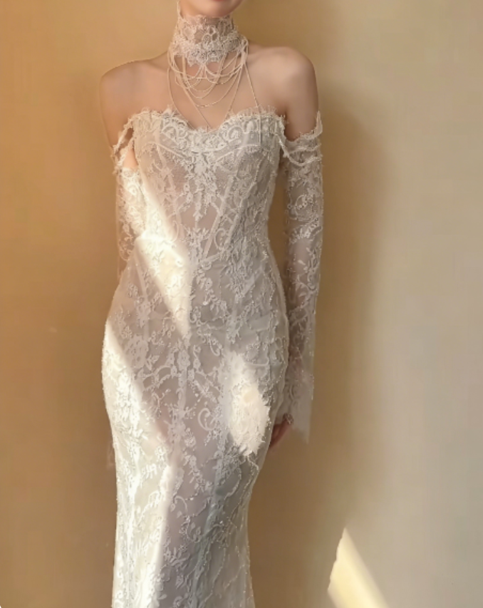 Gorgeous Off-Shoulder Beaded Wedding Dress Long Sleeve Lace Mermaid Bridal Dress GG6268