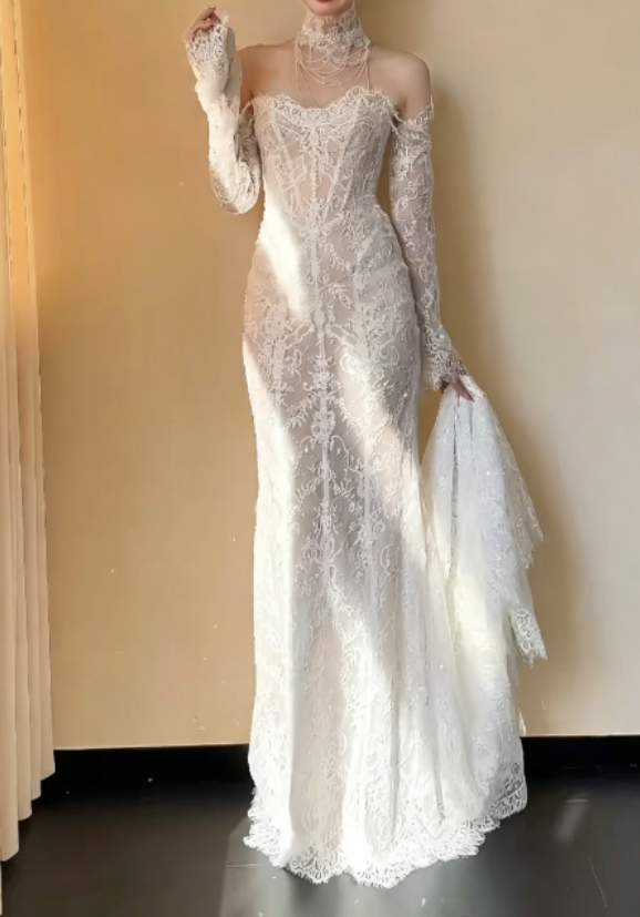 Gorgeous Off-Shoulder Beaded Wedding Dress Long Sleeve Lace Mermaid Bridal Dress GG6268
