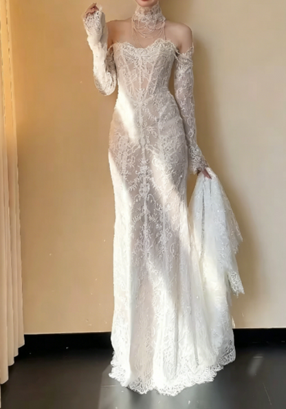 Gorgeous Off-Shoulder Beaded Wedding Dress Long Sleeve Lace Mermaid Bridal Dress GG6268
