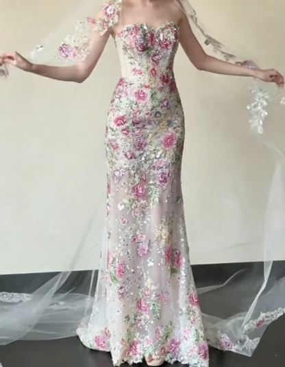 Ornate Strapless Pink Floral Prom Dress Sequins Mermaid Evening Dress GG6272