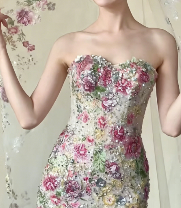 Ornate Strapless Pink Floral Prom Dress Sequins Mermaid Evening Dress GG6272