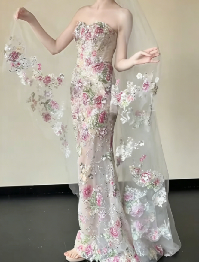 Ornate Strapless Pink Floral Prom Dress Sequins Mermaid Evening Dress GG6272