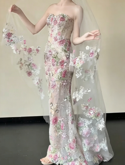 Ornate Strapless Pink Floral Prom Dress Sequins Mermaid Evening Dress GG6272