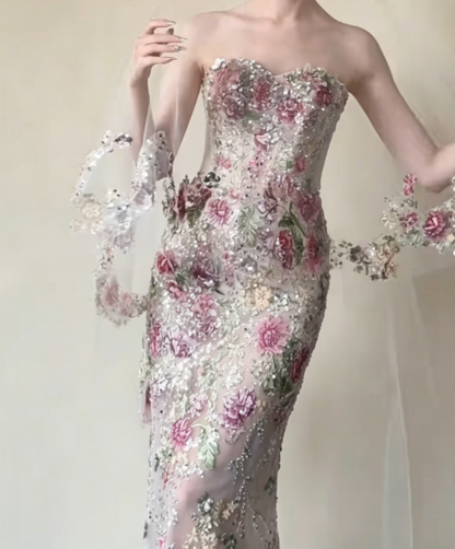 Ornate Strapless Pink Floral Prom Dress Sequins Mermaid Evening Dress GG6272