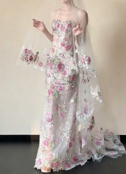 Ornate Strapless Pink Floral Prom Dress Sequins Mermaid Evening Dress GG6272