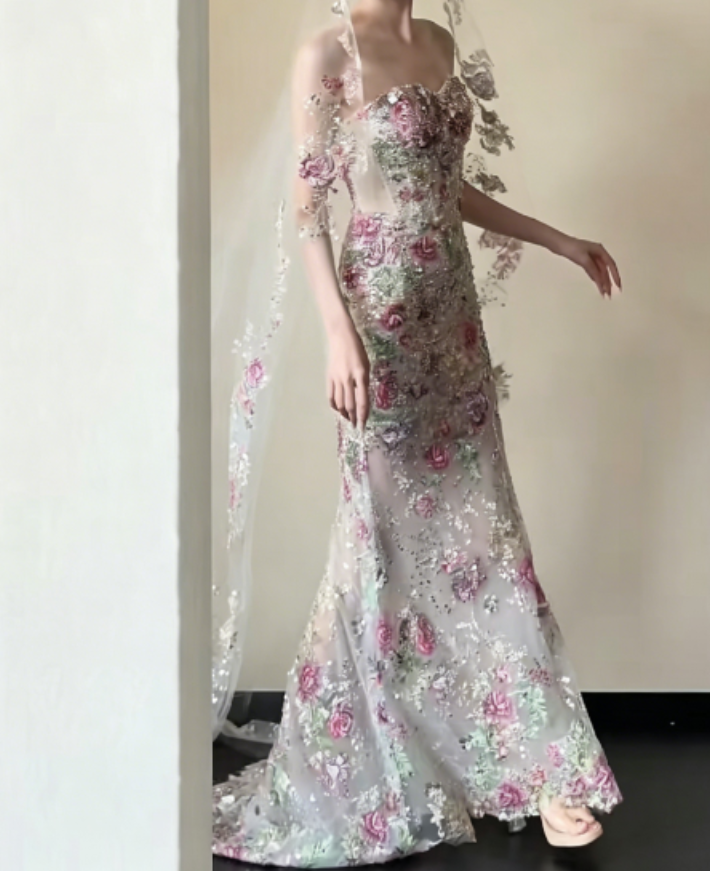 Ornate Strapless Pink Floral Prom Dress Sequins Mermaid Evening Dress GG6272
