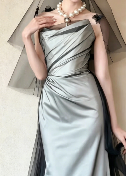 Trendy Strapless Black Tulle Prom Dress Satin Mermaid Evening Dress GG6274