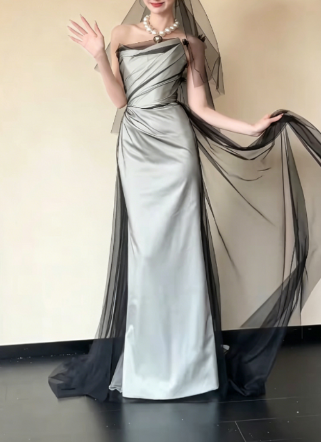 Trendy Strapless Black Tulle Prom Dress Satin Mermaid Evening Dress GG6274