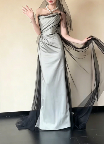 Trendy Strapless Black Tulle Prom Dress Satin Mermaid Evening Dress GG6274