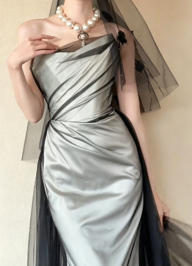 Trendy Strapless Black Tulle Prom Dress Satin Mermaid Evening Dress GG6274