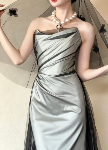 Trendy Strapless Black Tulle Prom Dress Satin Mermaid Evening Dress GG6274