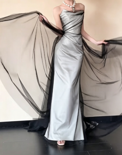 Trendy Strapless Black Tulle Prom Dress Satin Mermaid Evening Dress GG6274