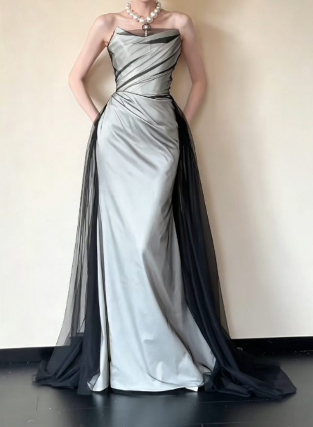 Trendy Strapless Black Tulle Prom Dress Satin Mermaid Evening Dress GG6274
