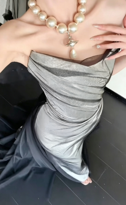 Trendy Strapless Black Tulle Prom Dress Satin Mermaid Evening Dress GG6274