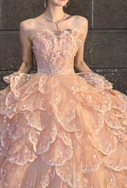 Romantic Beadeed Pink Prom Dress Tiered A-Line Evening Dress GG6275
