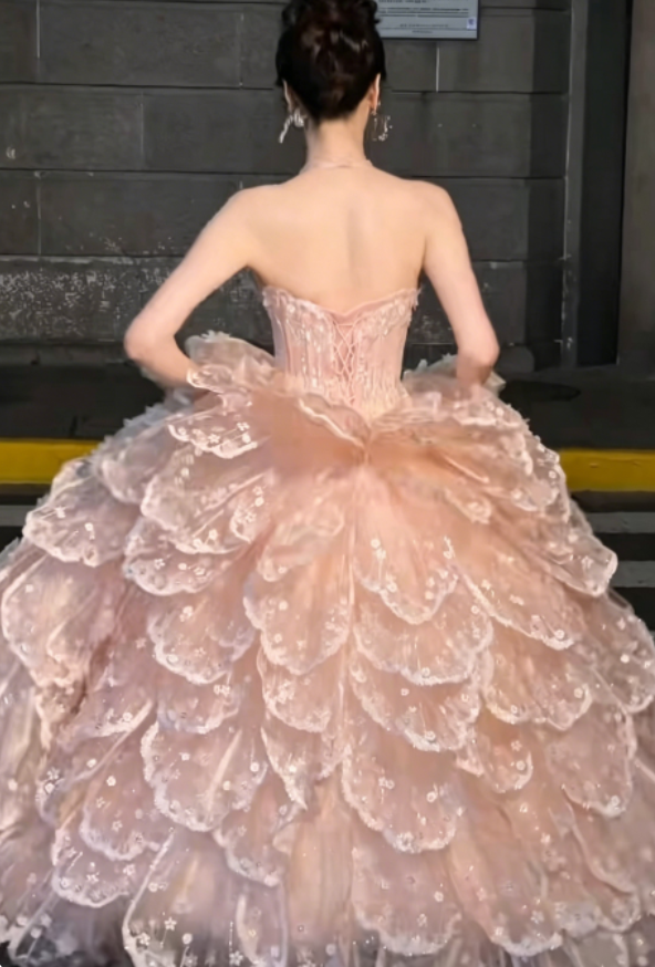 Romantic Beadeed Pink Prom Dress Tiered A-Line Evening Dress GG6275