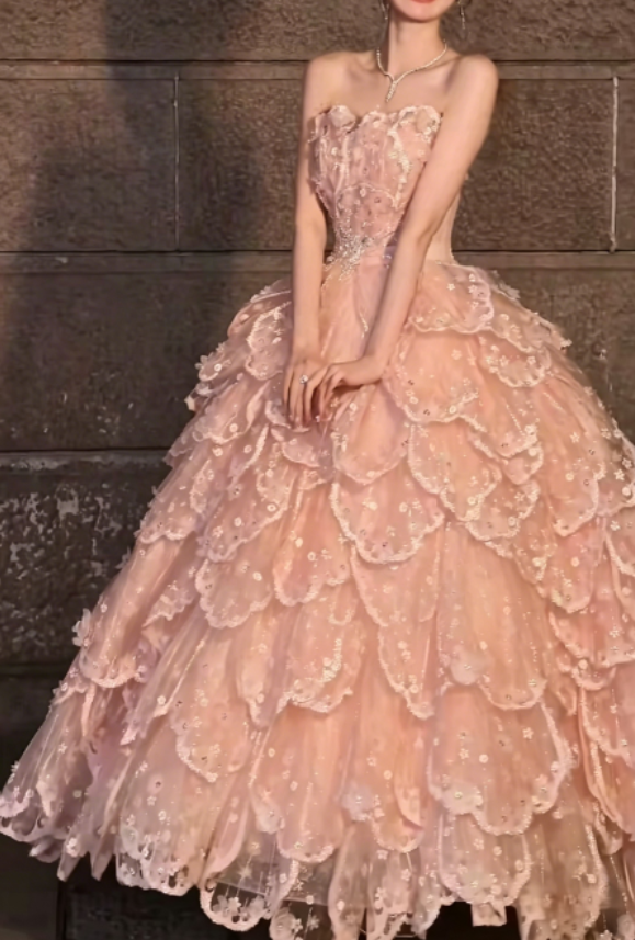 Romantic Beadeed Pink Prom Dress Tiered A-Line Evening Dress GG6275