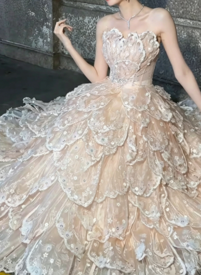 Romantic Beadeed Pink Prom Dress Tiered A-Line Evening Dress GG6275