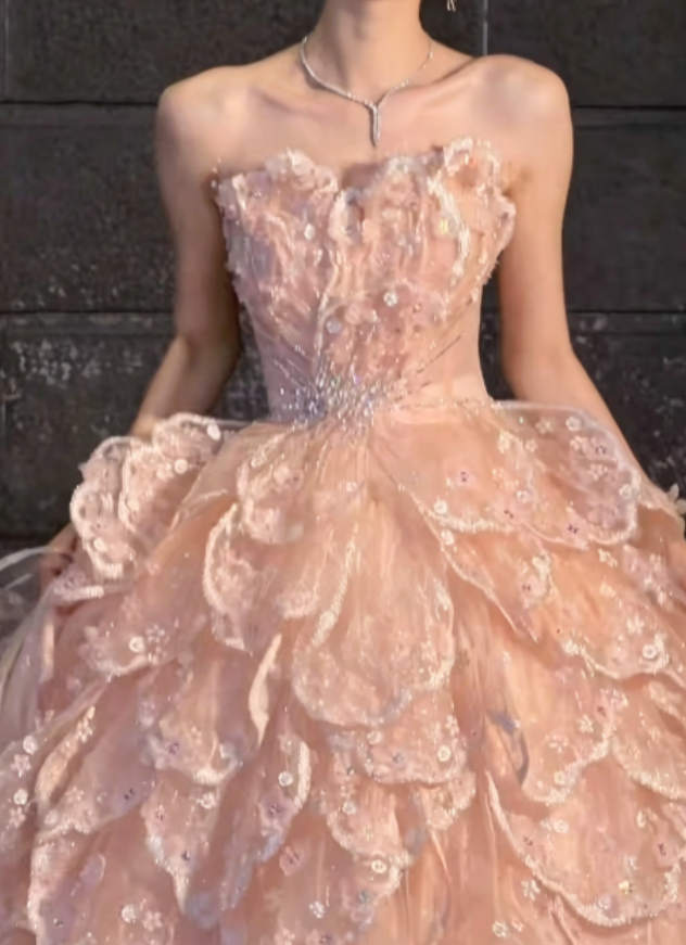 Romantic Beadeed Pink Prom Dress Tiered A-Line Evening Dress GG6275