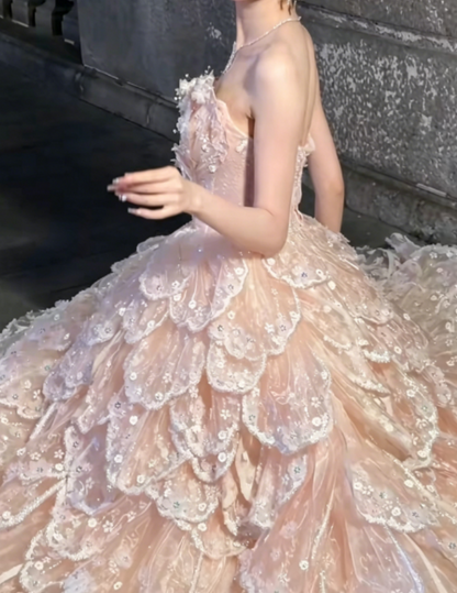 Romantic Beadeed Pink Prom Dress Tiered A-Line Evening Dress GG6275