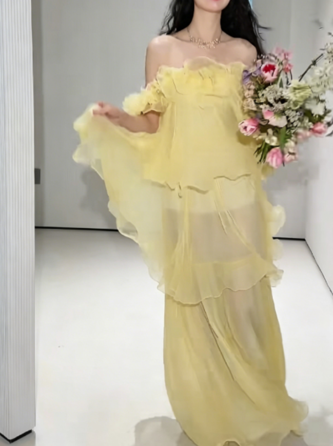 Lovely Off-Shoulder Ruffled Prom Dress Yellow Tiered Chiffon A-Line Evening Dress GG6278