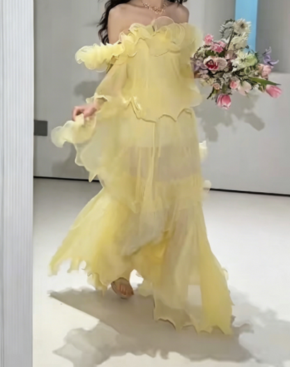 Lovely Off-Shoulder Ruffled Prom Dress Yellow Tiered Chiffon A-Line Evening Dress GG6278