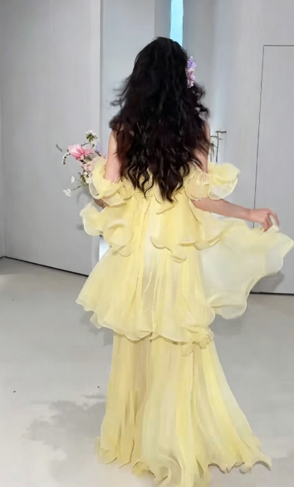 Lovely Off-Shoulder Ruffled Prom Dress Yellow Tiered Chiffon A-Line Evening Dress GG6278