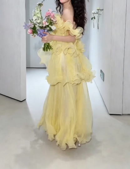 Lovely Off-Shoulder Ruffled Prom Dress Yellow Tiered Chiffon A-Line Evening Dress GG6278