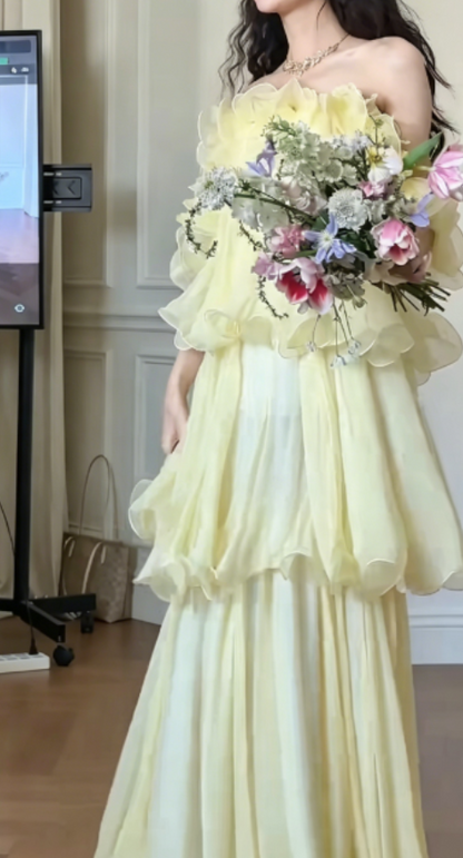Lovely Off-Shoulder Ruffled Prom Dress Yellow Tiered Chiffon A-Line Evening Dress GG6278