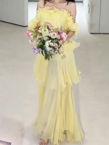 Lovely Off-Shoulder Ruffled Prom Dress Yellow Tiered Chiffon A-Line Evening Dress GG6278