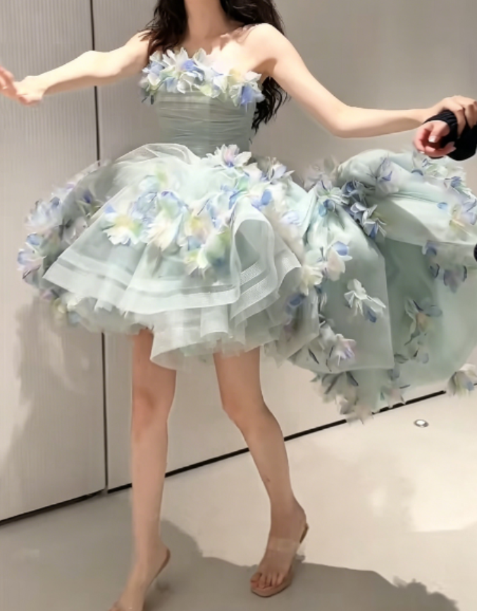 Graceful Strapless Homecoming Dress Green Tulle Birthday Outfit Appliques Party Dress GG6279