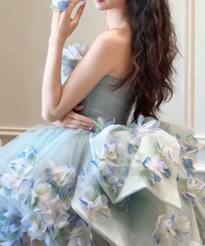 Graceful Strapless Homecoming Dress Green Tulle Birthday Outfit Appliques Party Dress GG6279