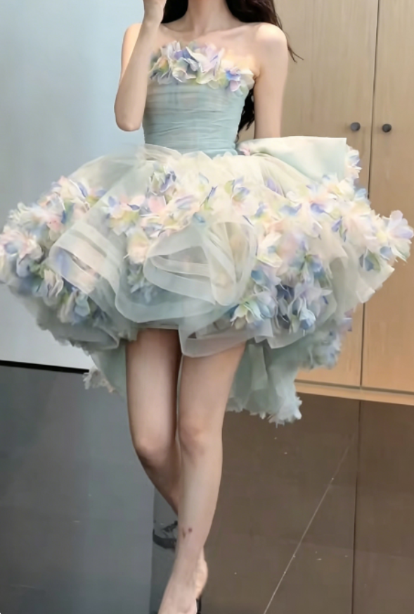 Graceful Strapless Homecoming Dress Green Tulle Birthday Outfit Appliques Party Dress GG6279