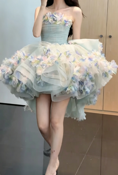Graceful Strapless Homecoming Dress Green Tulle Birthday Outfit Appliques Party Dress GG6279