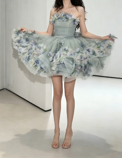 Graceful Strapless Homecoming Dress Green Tulle Birthday Outfit Appliques Party Dress GG6279