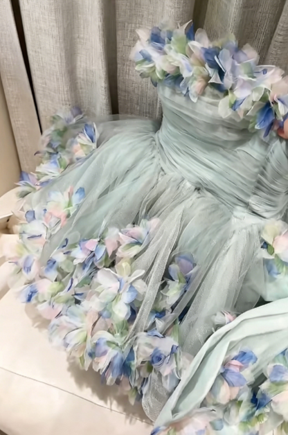 Graceful Strapless Homecoming Dress Green Tulle Birthday Outfit Appliques Party Dress GG6279