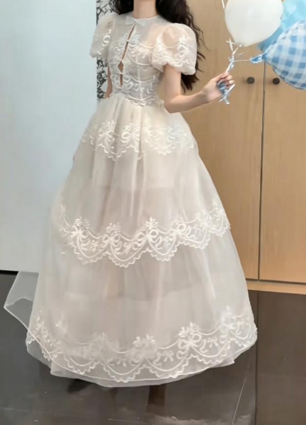 Charming Short Sleeve Tulle Wedding Dress White Appliques Bows A-Line Bridal Dress GG6280