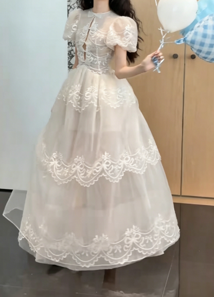 Charming Short Sleeve Tulle Wedding Dress White Appliques Bows A-Line Bridal Dress GG6280