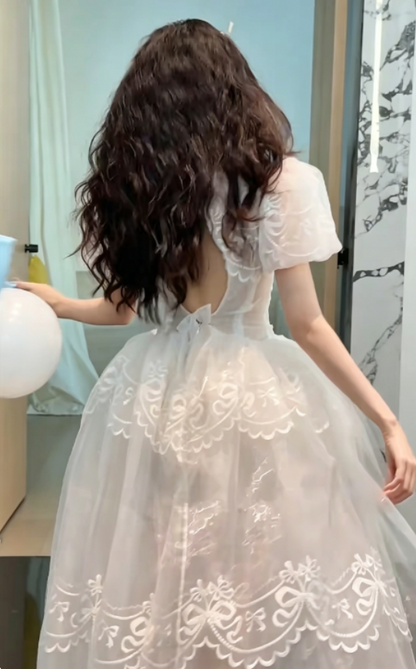 Charming Short Sleeve Tulle Wedding Dress White Appliques Bows A-Line Bridal Dress GG6280