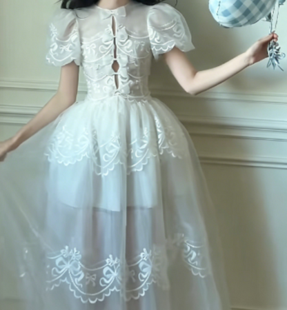 Charming Short Sleeve Tulle Wedding Dress White Appliques Bows A-Line Bridal Dress GG6280