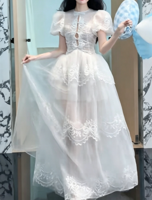 Charming Short Sleeve Tulle Wedding Dress White Appliques Bows A-Line Bridal Dress GG6280