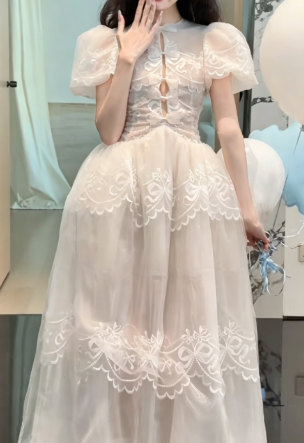 Charming Short Sleeve Tulle Wedding Dress White Appliques Bows A-Line Bridal Dress GG6280