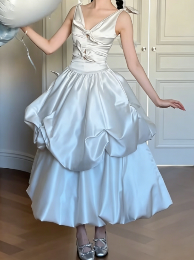 Attractive V Neck Satin Wedding Dress White A-Line Bridal Dress GG6281