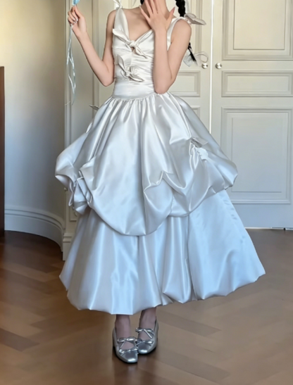 Attractive V Neck Satin Wedding Dress White A-Line Bridal Dress GG6281