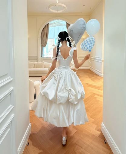Attractive V Neck Satin Wedding Dress White A-Line Bridal Dress GG6281
