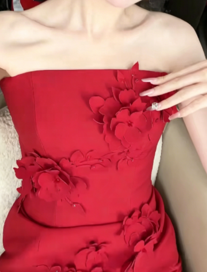Alluring Strapless Red Prom Dress With Scarf Appliques Mermaid Evening Dress GG6294